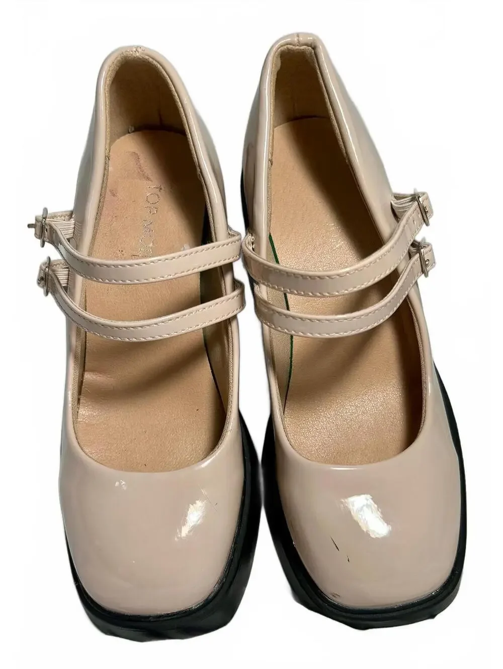 TOP MODA Womens 6.5 Nude Patent Mary Jane Platform Heels Double Strap Chunky Y2K